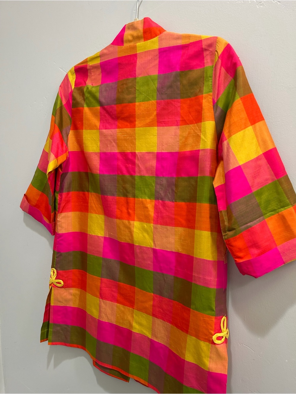 Vintage 60s Plaid Raw Silk Cheongsam Mandarin Collar Tunic Top Frog Closure - Picture 9 of 14